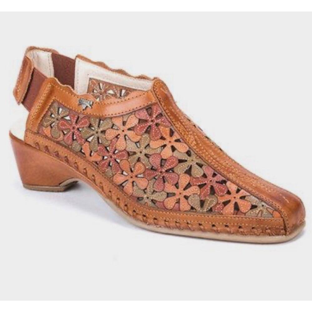 Pikolinos Romana Leather Lasercut Floral Slingback Heel Clogs Brandy 38 EU 8 US